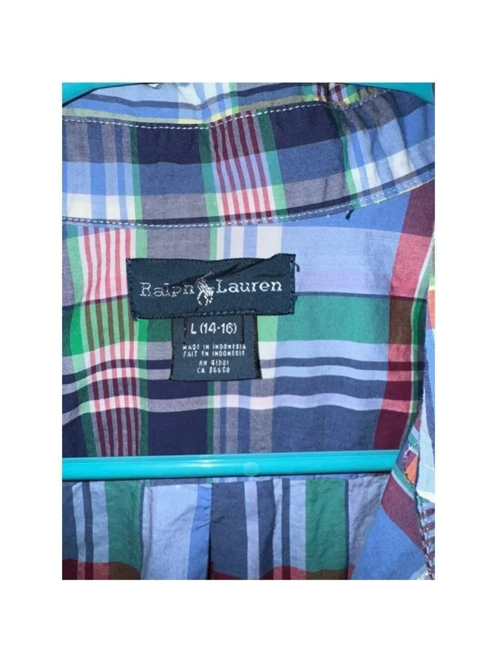 Boys Ralph Lauren Plaid Button Down Shirt Size L 14-16 Blue Green Preppy